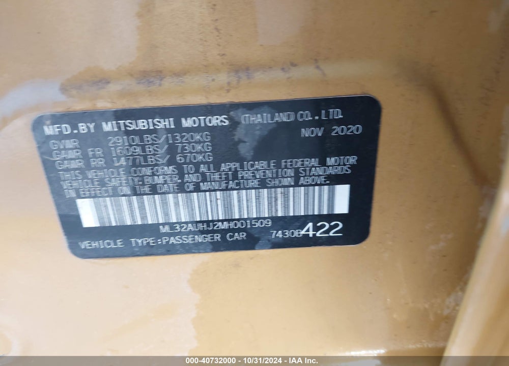 2021 MITSUBISHI MIRAGE CARBONITE EDITION/ES/LE VIN: ML32AUHJ2MH001509