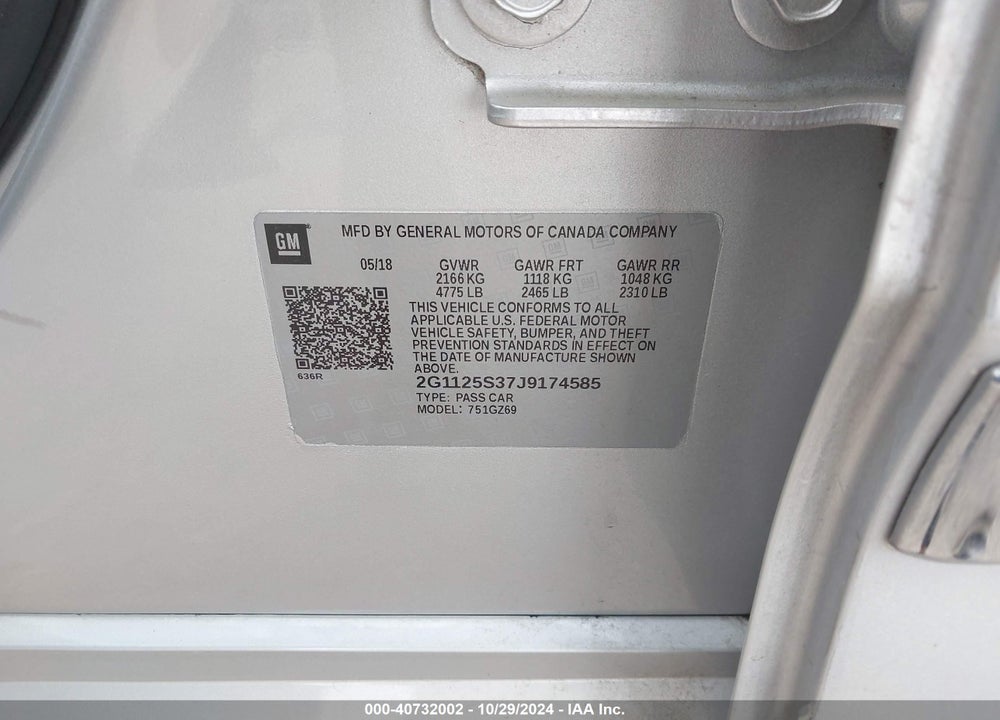 2018 CHEVROLET IMPALA VIN: 2G1125S37J9174585