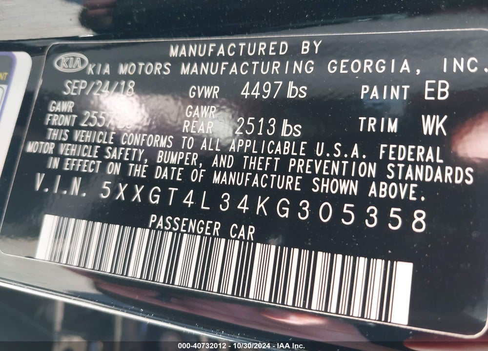 2019 KIA OPTIMA S VIN: 5XXGT4L34KG305358