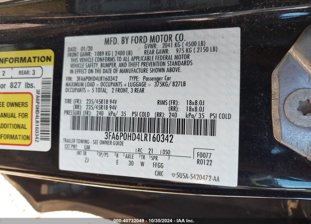 2020 FORD FUSION SE VIN: 3FA6P0HD4LR160342