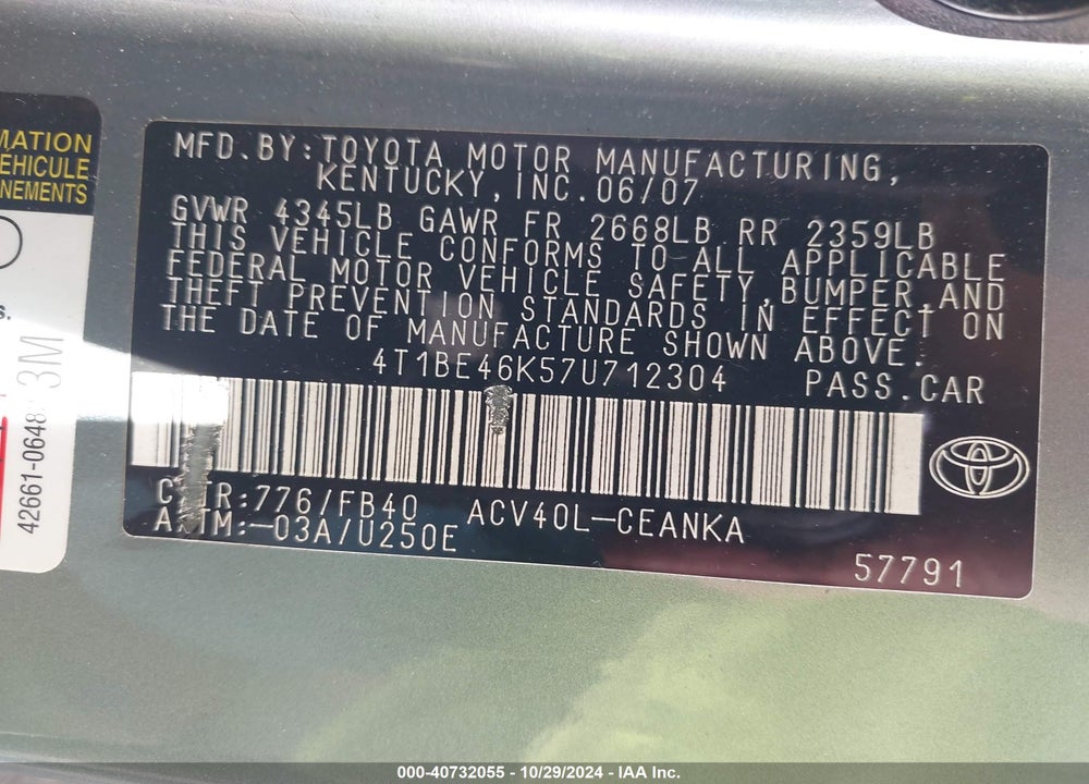 2007 TOYOTA CAMRY LE VIN: 4T1BE46K57U712304