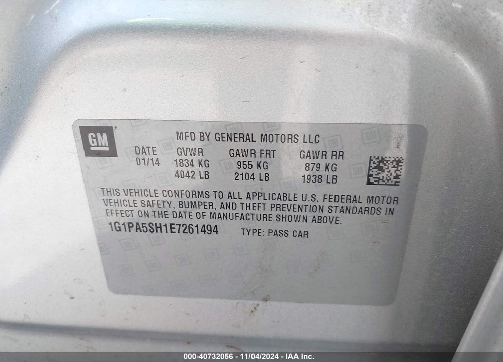 2014 CHEVROLET CRUZE LS AUTO VIN: 1G1PA5SH1E7261494