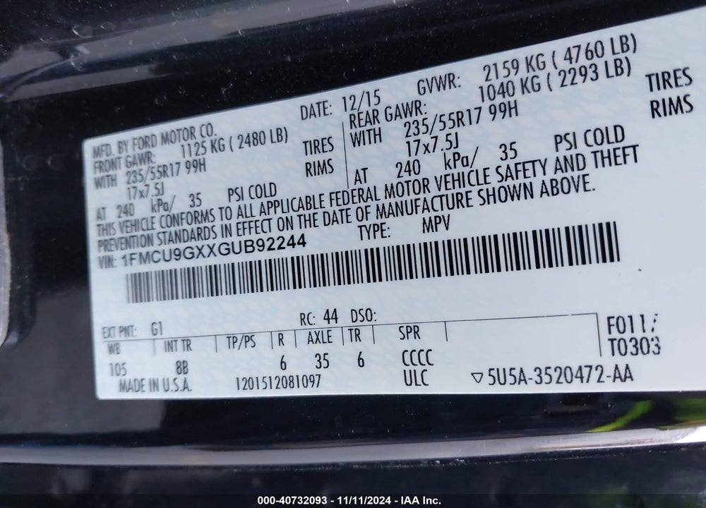 2016 FORD ESCAPE VIN: 1FMCU9GXXGUB92244