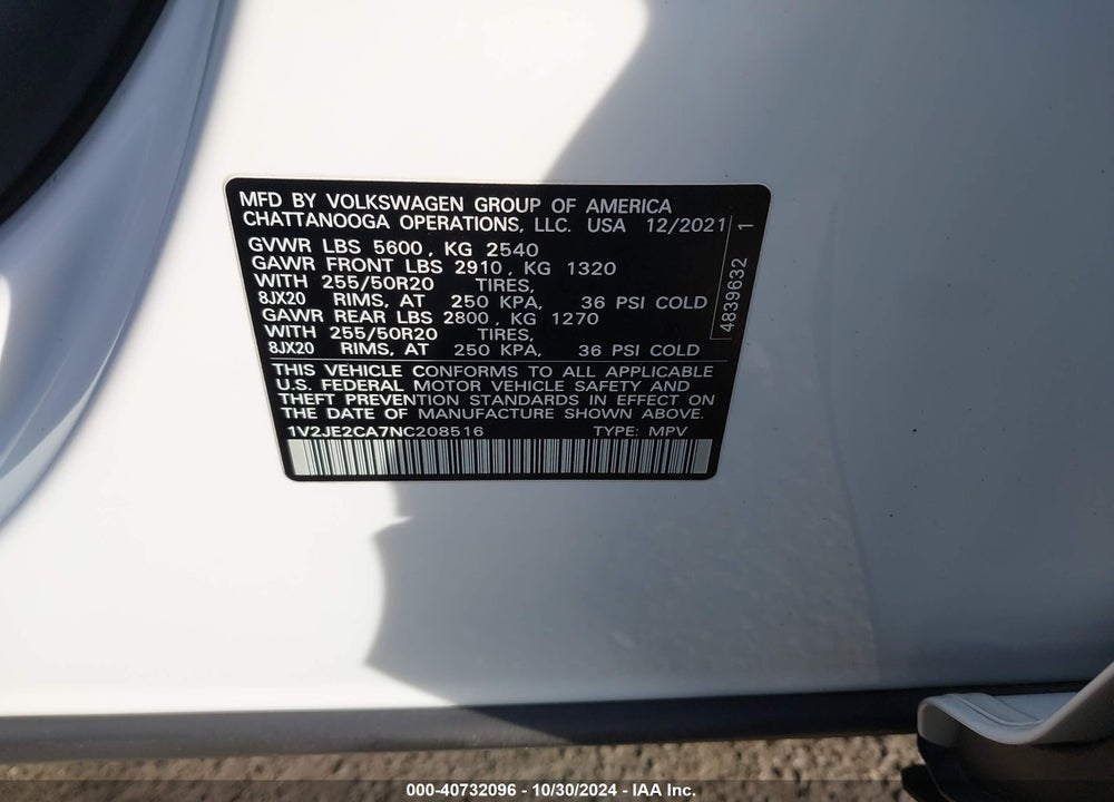 2022 VOLKSWAGEN ATLAS CROSS SPORT 3.6L V6 SE W/TECHNOLOGY VIN: 1V2JE2CA7NC208516