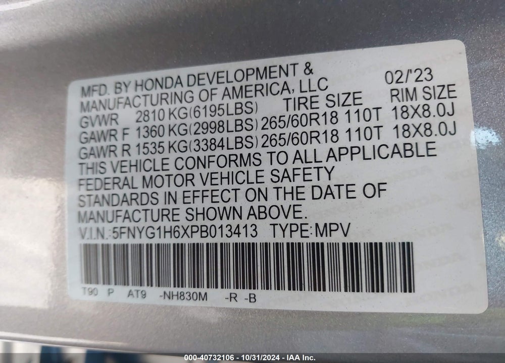 2023 HONDA PILOT AWD TRAILSPORT VIN: 5FNYG1H6XPB013413
