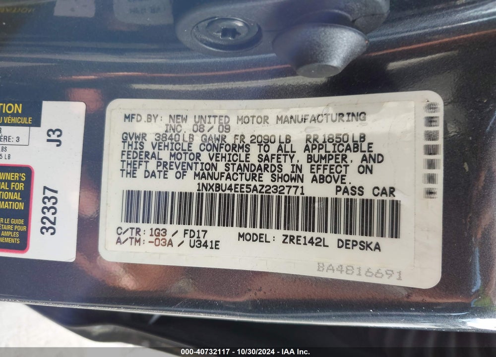 2010 TOYOTA COROLLA S VIN: 1NXBU4EE5AZ232771