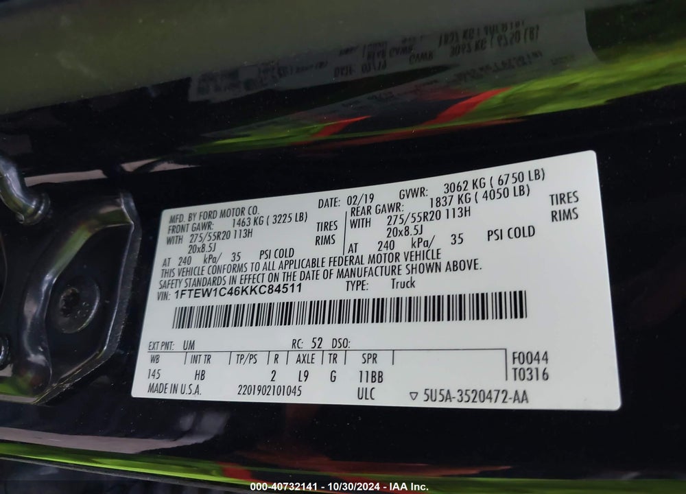 2019 FORD F-150 LARIAT VIN: 1FTEW1C46KKC84511