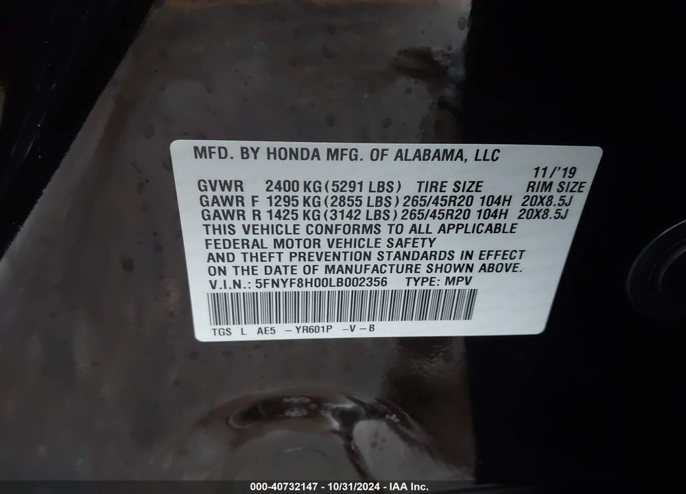 2020 HONDA PASSPORT AWD ELITE VIN: 5FNYF8H00LB002356