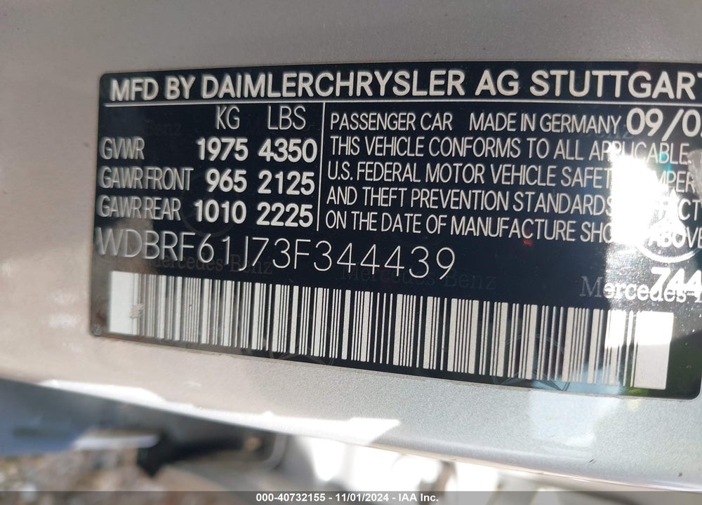 2003 MERCEDES-BENZ C 240 VIN: WDBRF61J73F344439