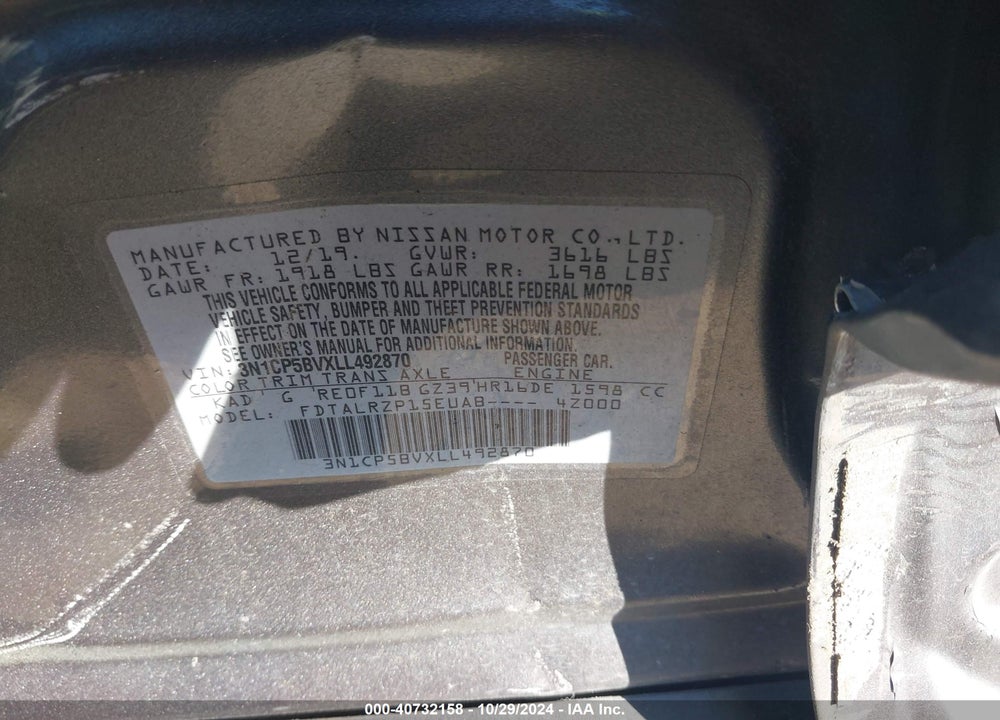 2020 NISSAN KICKS S XTRONIC CVT VIN: 3N1CP5BVXLL492870