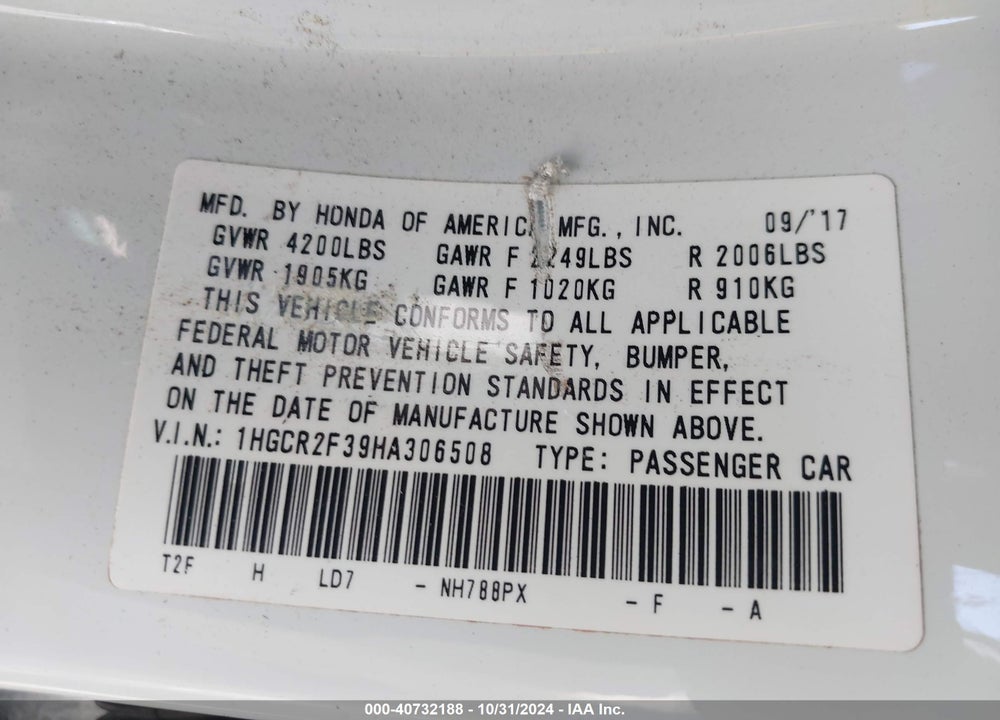 2017 HONDA ACCORD LX VIN: 1HGCR2F39HA306508