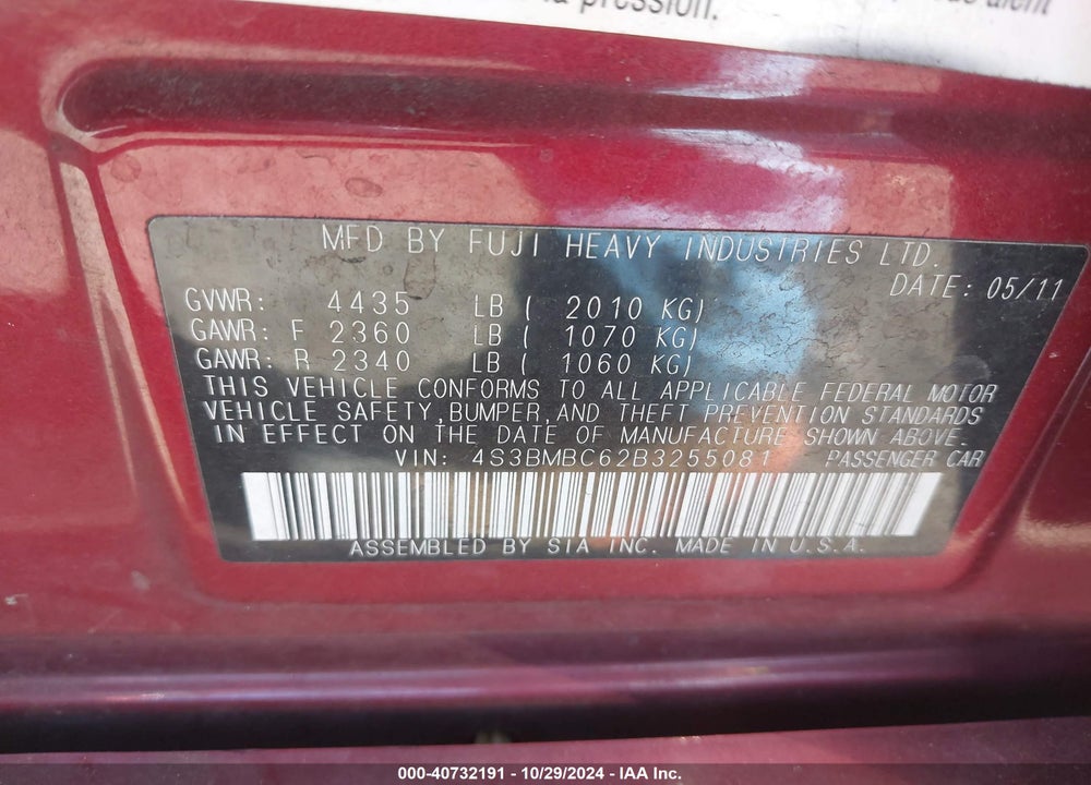 2011 SUBARU LEGACY 2.5I PREMIUM VIN: 4S3BMBC62B3255081
