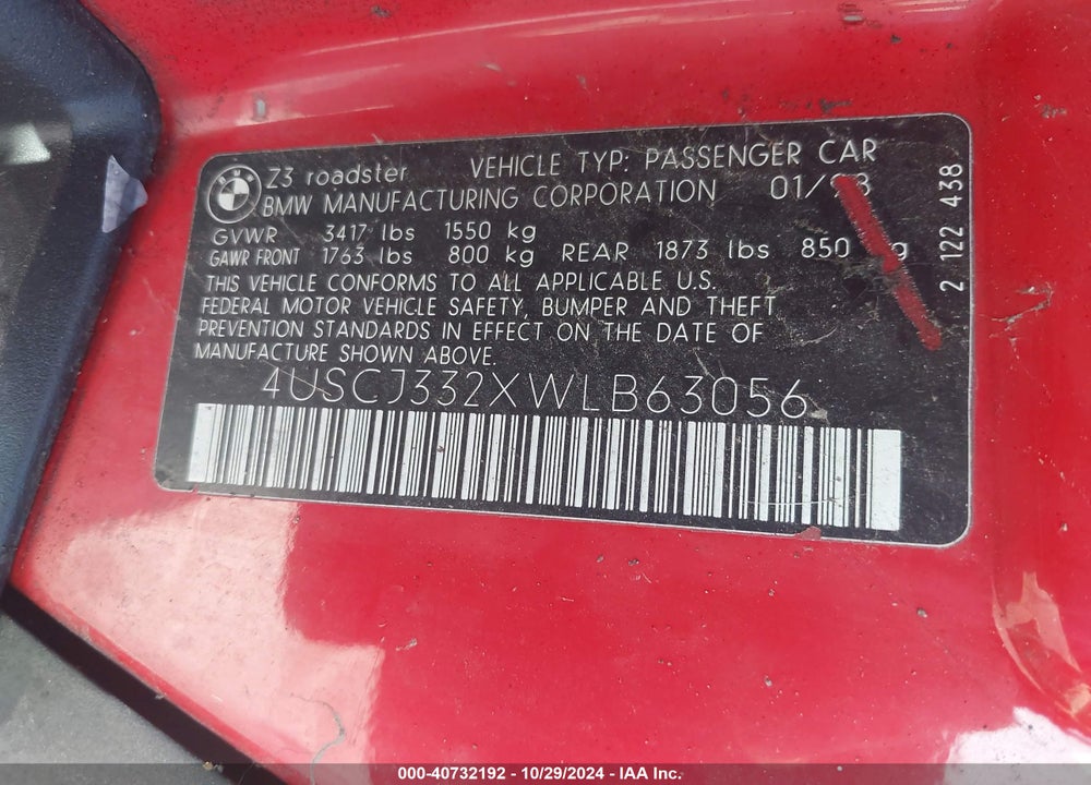 1998 BMW Z3 2.8 VIN: 4USCJ332XWLB63056
