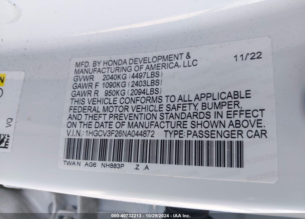 2022 HONDA ACCORD HYBRID SPORT VIN: 1HGCV3F26NA044872