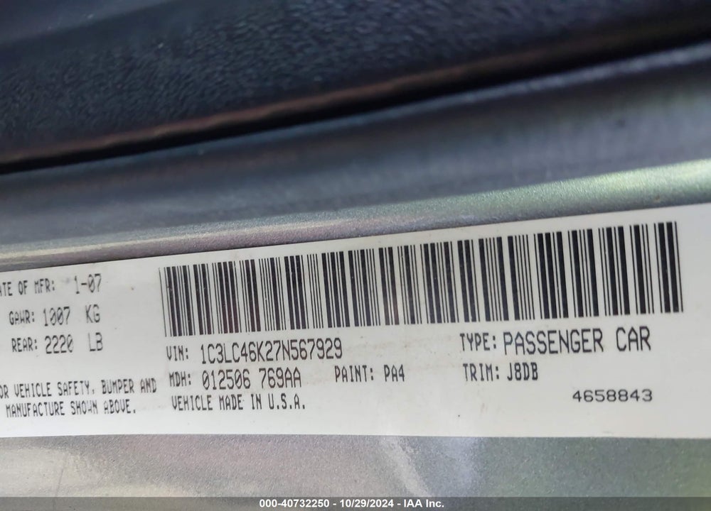 2007 CHRYSLER SEBRING VIN: 1C3LC46K27N567929