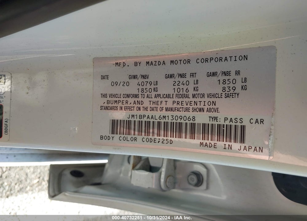 2021 MAZDA 3 VIN: JM1BPAAL6M1309068