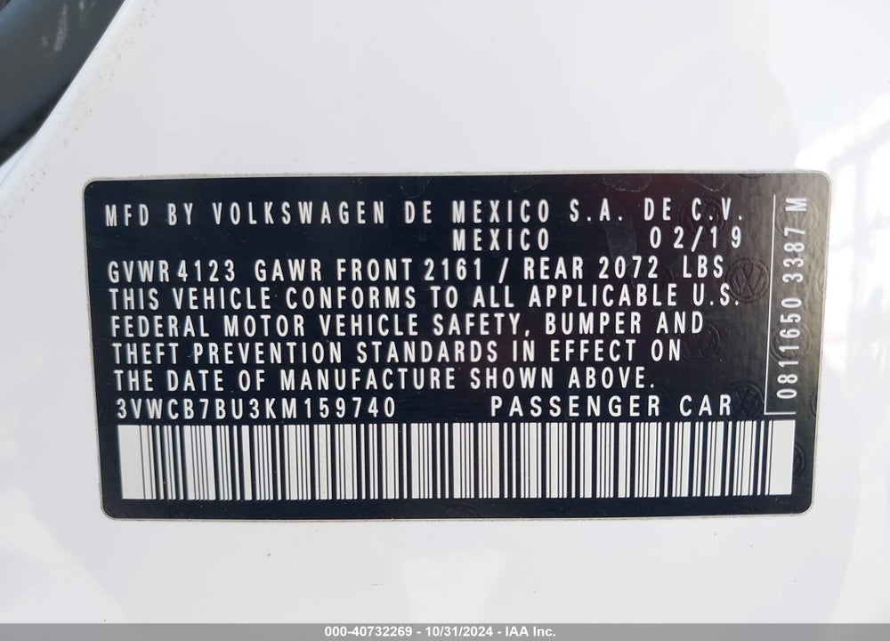 2019 VOLKSWAGEN JETTA S/SE/R-LINE VIN: 3VWCB7BU3KM159740