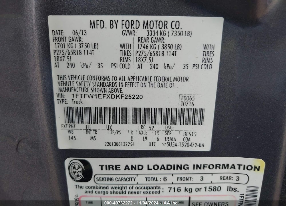 2013 FORD F-150 XLT VIN: 1FTFW1EFXDKF25220