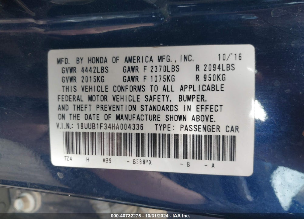 2017 ACURA TLX VIN: 19UUB1F34HA004336
