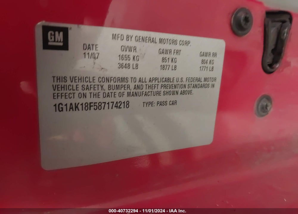 2008 CHEVROLET COBALT LS VIN: 1G1AK18F587174218