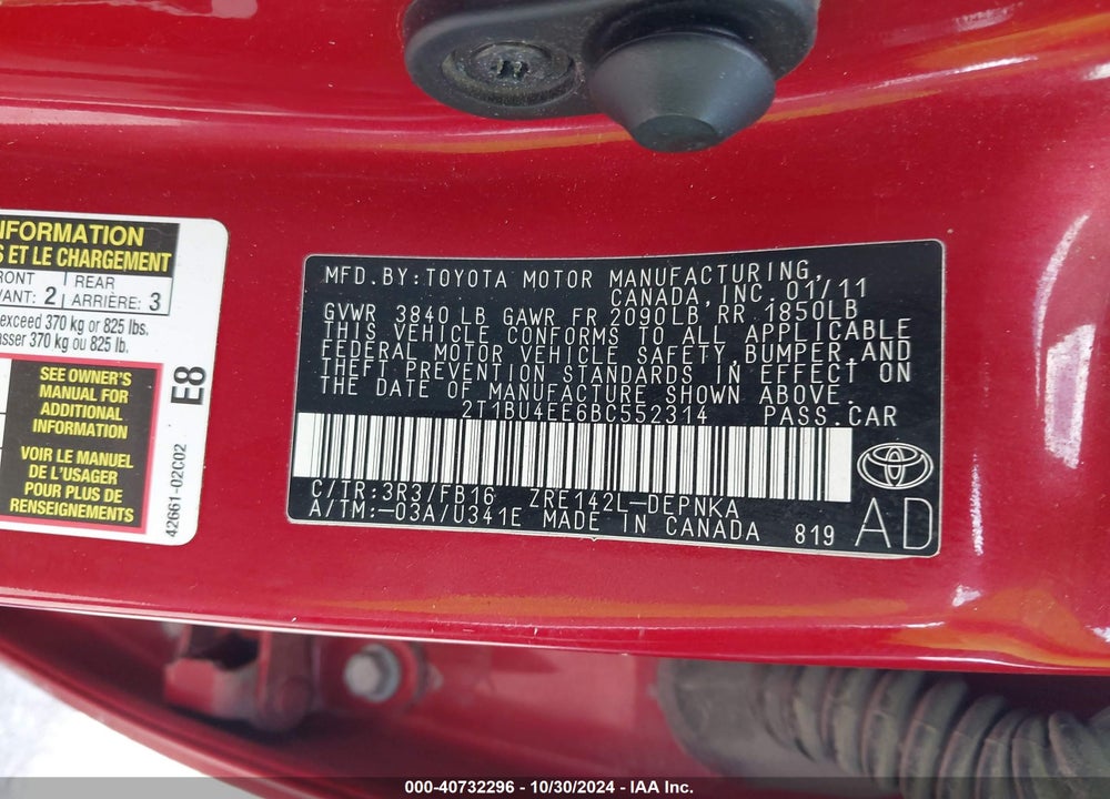 2011 TOYOTA COROLLA LE VIN: 2T1BU4EE6BC552314