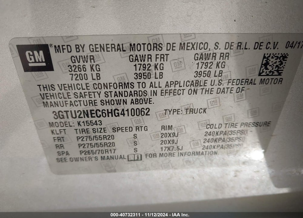 2017 GMC SIERRA 1500 SLT VIN: 3GTU2NEC6HG410062