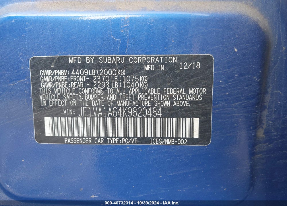 2019 SUBARU WRX VIN: JF1VA1A64K9820484