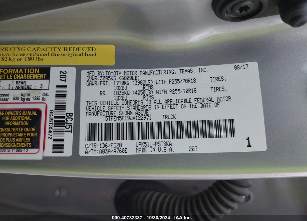 2018 TOYOTA TUNDRA SR5 4.6L V8 VIN: 5TFEM5F19JX122971
