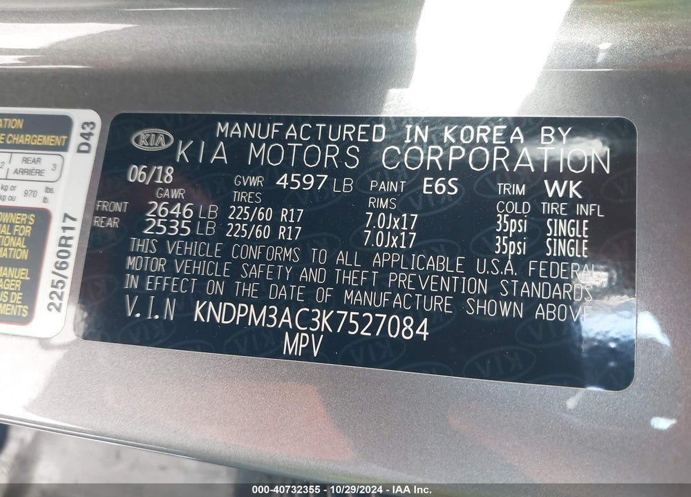 2019 KIA SPORTAGE LX VIN: KNDPM3AC3K7527084