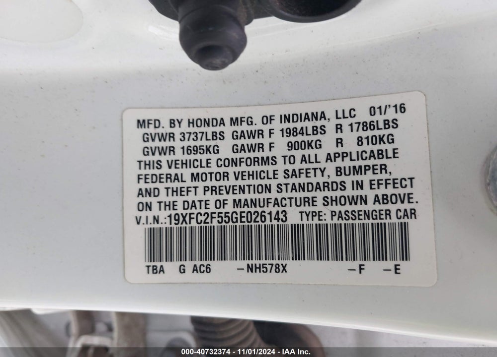 2016 HONDA CIVIC LX VIN: 19XFC2F55GE026143