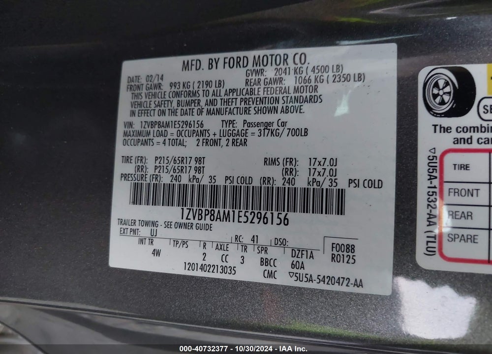 2014 FORD MUSTANG V6 PREMIUM VIN: 1ZVBP8AM1E5296156