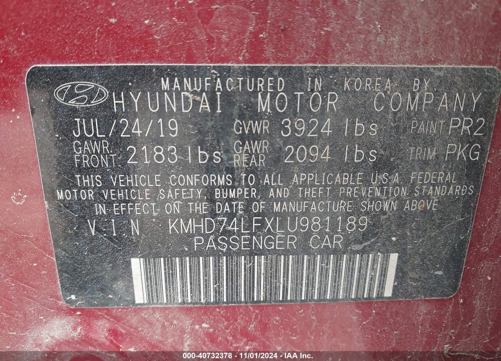 2020 HYUNDAI ELANTRA SE VIN: KMHD74LFXLU981189