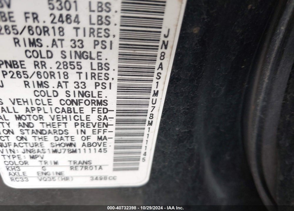2011 INFINITI FX35 VIN: JN8AS1MU7BM111145