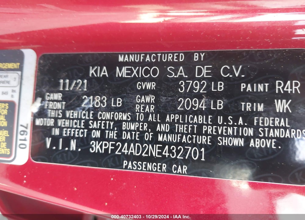 2022 KIA FORTE LXS VIN: 3KPF24AD2NE432701