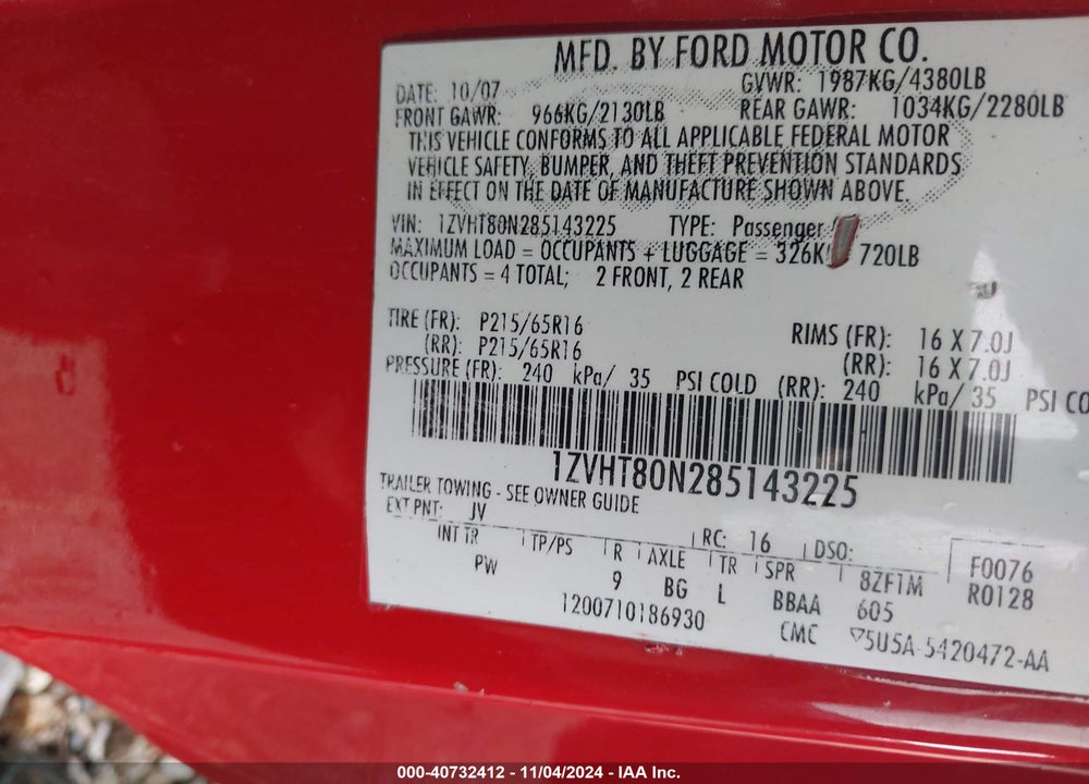 2008 FORD MUSTANG V6 PREMIUM VIN: 1ZVHT80N285143225