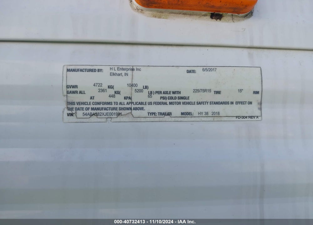 2018 HL ENTERPRISE INC TRAVEL TRAILER VIN: 54ABA382XJE001991
