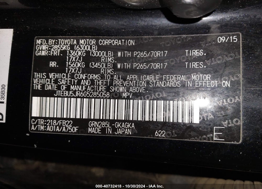 2016 TOYOTA 4RUNNER SR5 VIN: JTEBU5JR6G5285058