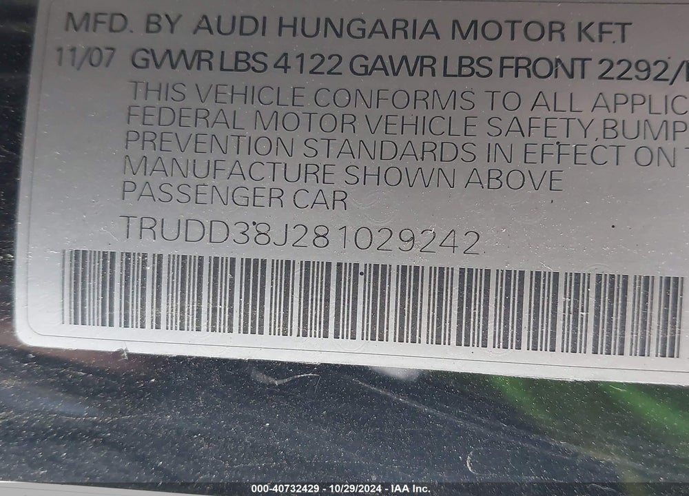2008 AUDI TT 3.2 VIN: TRUDD38J281029242