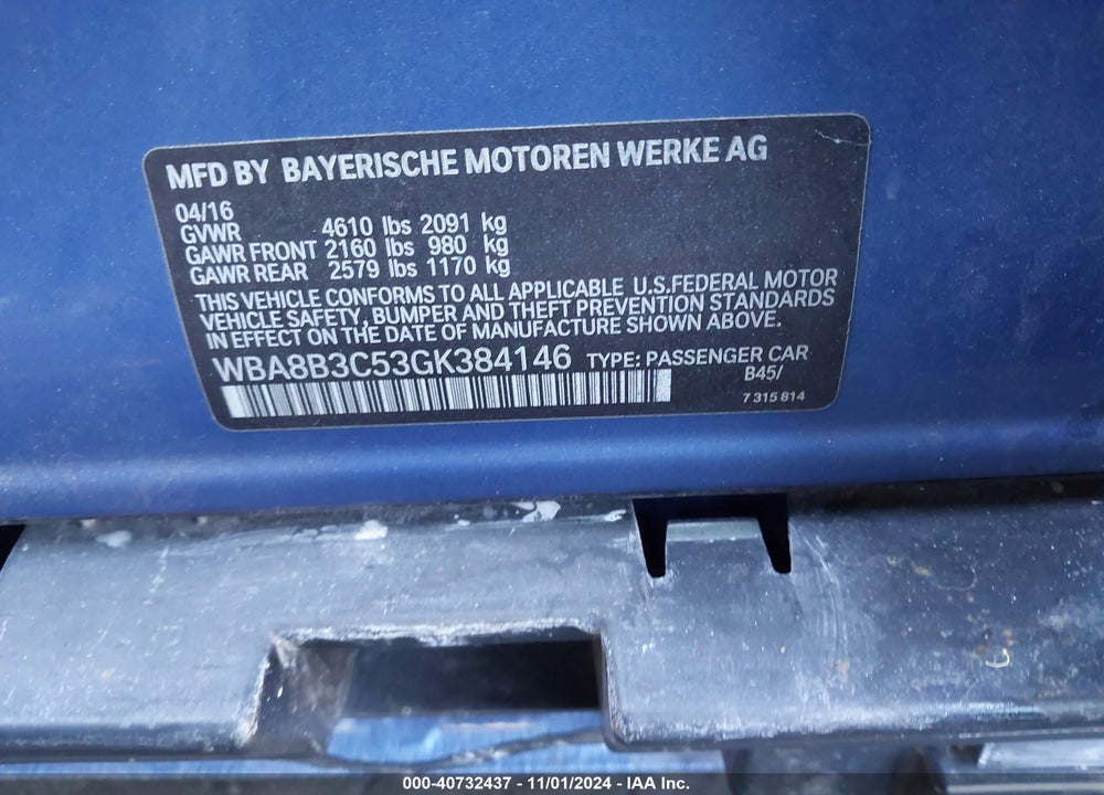 2016 BMW 340I VIN: WBA8B3C53GK384146