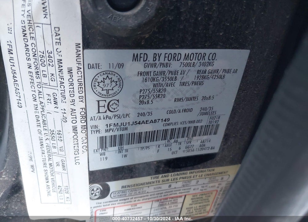 2010 FORD EXPEDITION EDDIE BAUER/KING RANCH VIN: 1FMJU1J54AEA87149