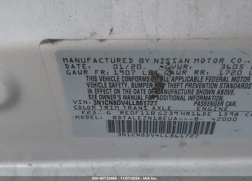 2020 NISSAN VERSA S XTRONIC CVT VIN: 3N1CN8DV4LL861727