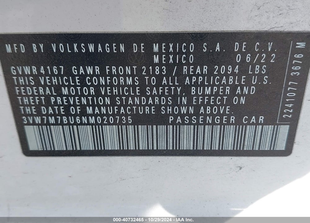 2022 VOLKSWAGEN JETTA 1.5T SE VIN: 3VW7M7BU6NM020735