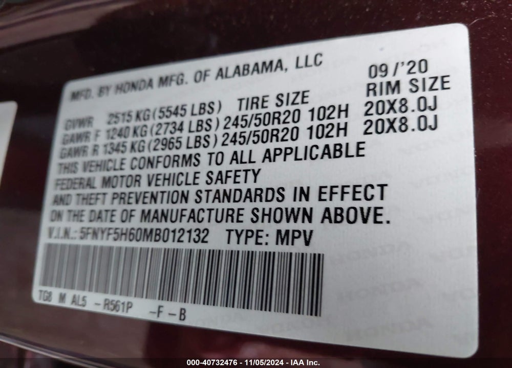 2021 HONDA PILOT 2WD TOURING 7 PASSENGER VIN: 5FNYF5H60MB012132