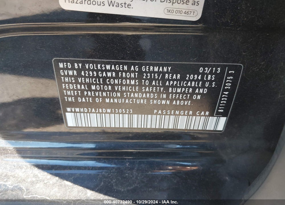 2013 VOLKSWAGEN GTI DRIVERS EDITION VIN: WVWHD7AJ8DW130523