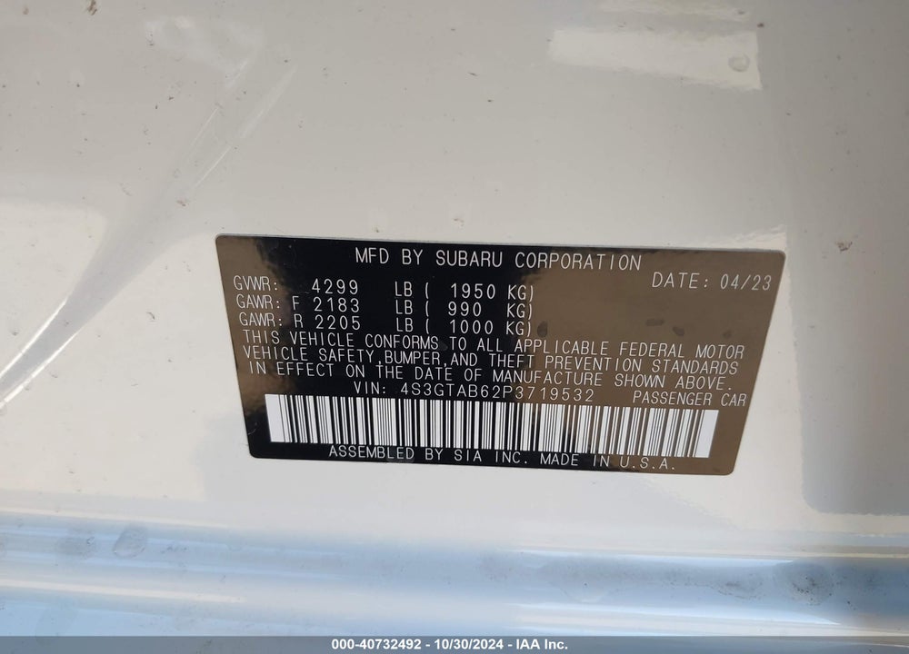 2023 SUBARU IMPREZA BASE 5-DOOR VIN: 4S3GTAB62P3719532