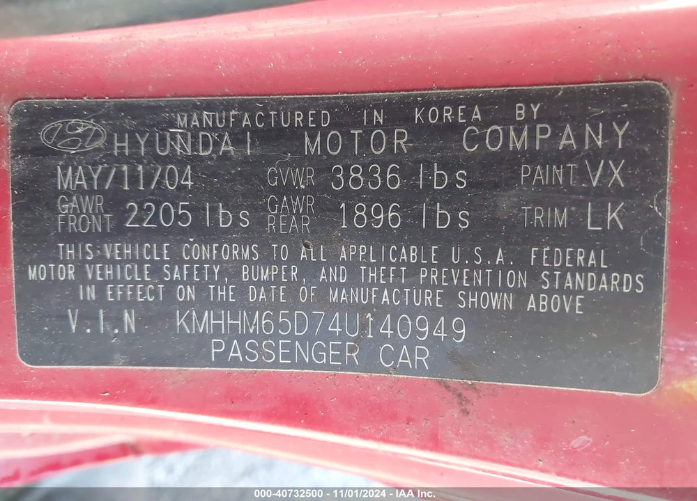 2004 HYUNDAI TIBURON BASE (A4)/BASE (M5) VIN: KMHHM65D74U140949