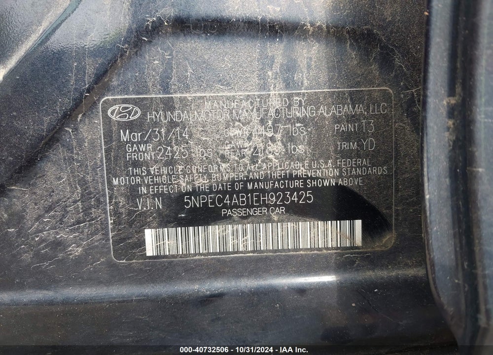2014 HYUNDAI SONATA LIMITED 2.0T VIN: 5NPEC4AB1EH923425