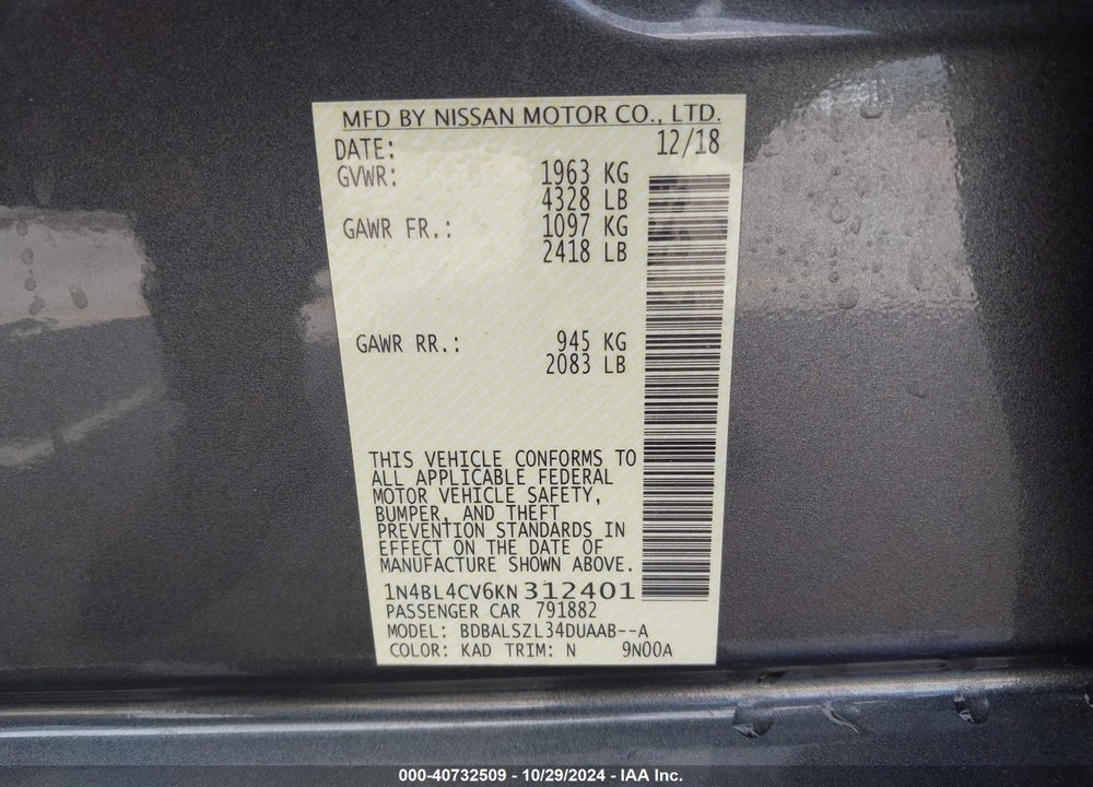 2019 NISSAN ALTIMA 2.5 SR VIN: 1N4BL4CV6KN312401