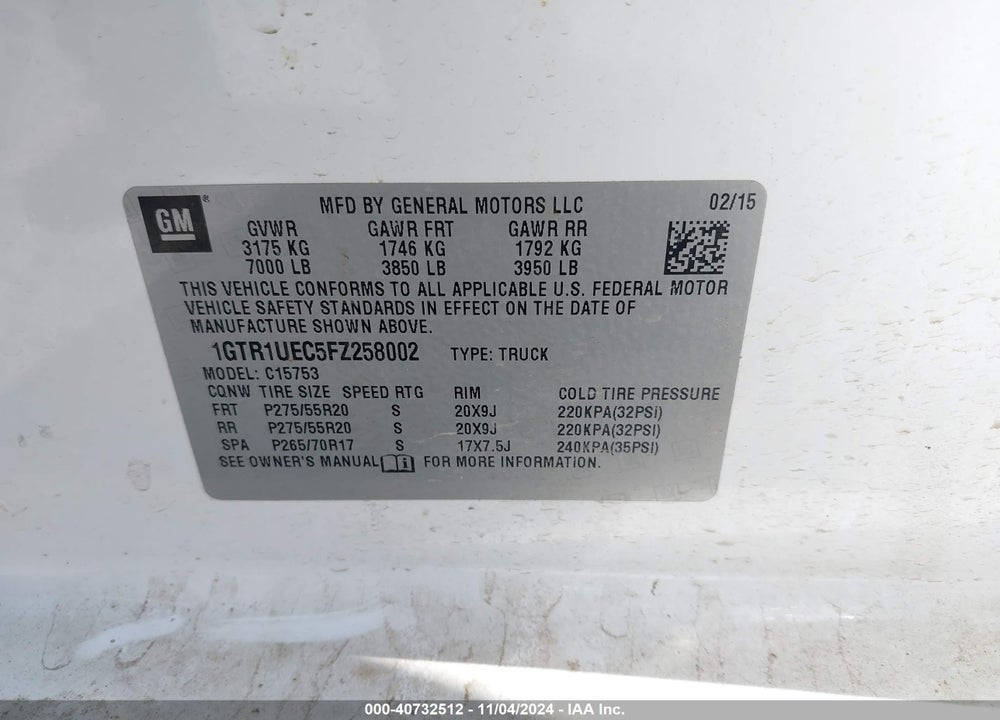 2015 GMC SIERRA 1500 SLE VIN: 1GTR1UEC5FZ258002