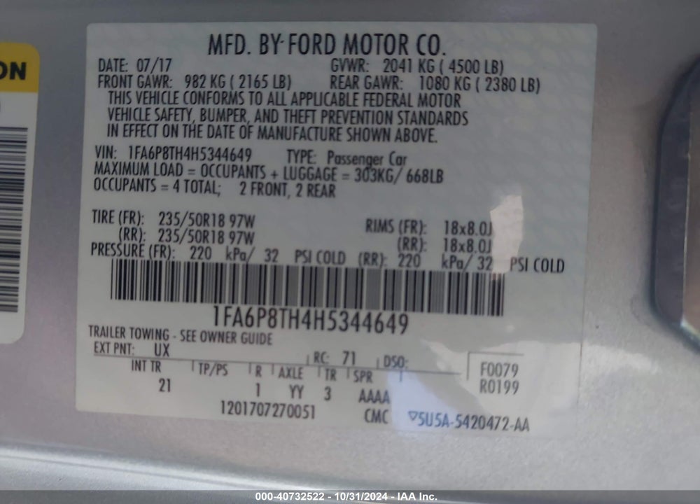 2017 FORD MUSTANG ECOBOOST VIN: 1FA6P8TH4H5344649